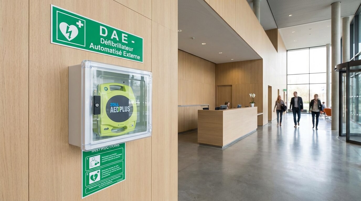 Défibrillateur automatisé externe (DAE) installé sur un mur avec sa signalétique verte réglementaire dans un hall d'accueil.