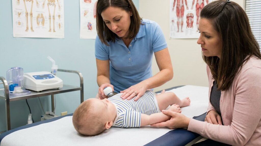 Séance de kinésithérapie respiratoire pour un nourrisson afin de l'aider à mieux respirer.