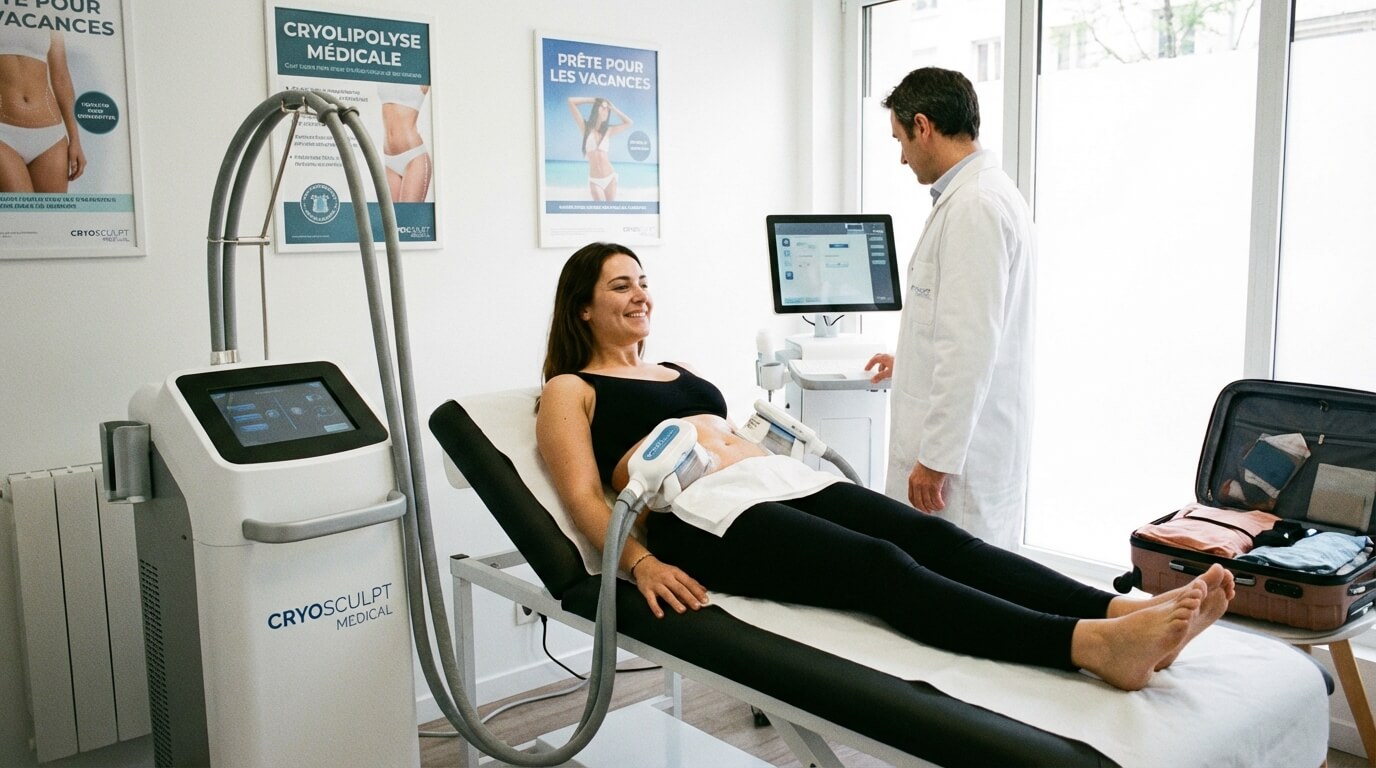 Séance de cryolipolyse médicale pour éliminer les graisses abdominales avant les vacances.