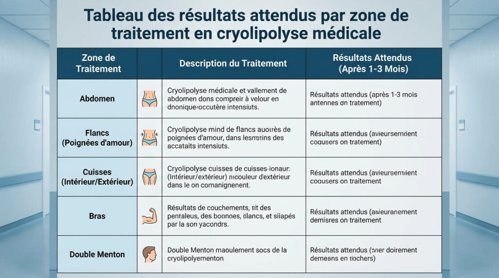 Tableau des résultats attendus par zone de traitement en cryolipolyse médicale.
