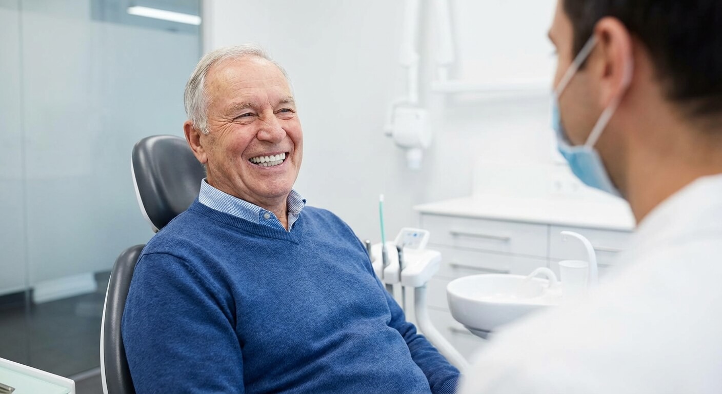 Patient souriant après la pose d’une prothèse sur implant pour une dentition complète