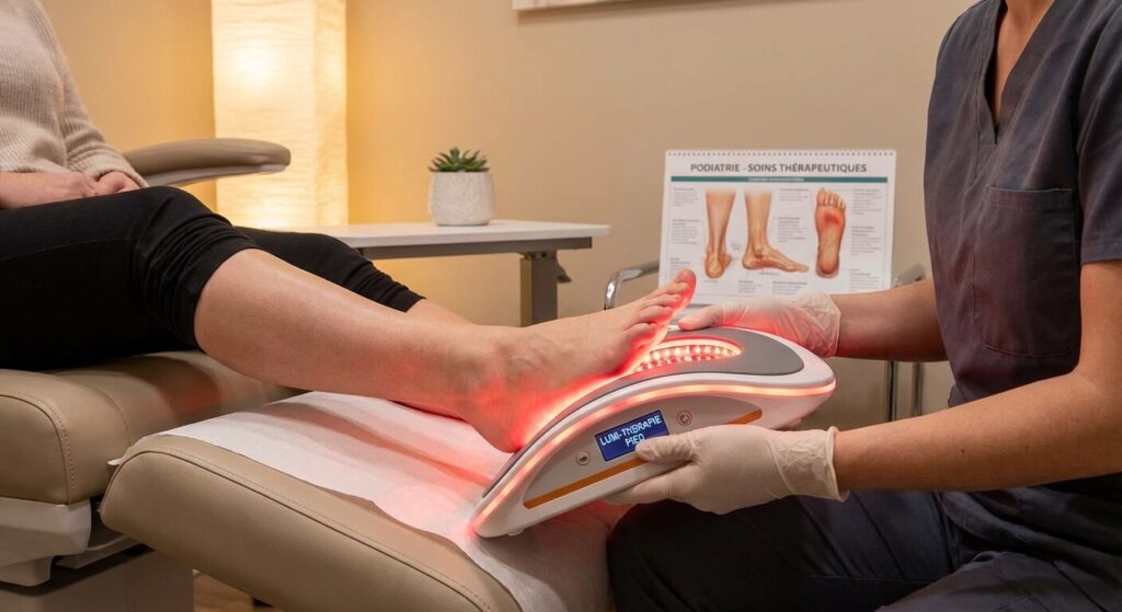 Luminothérapie et santé du pied : comment la technologie LED révolutionne le traitement des mycoses 2 Appareil de luminothérapie utilisé pour traiter les douleurs et améliorer la santé du pied lors d'un soin thérapeutique