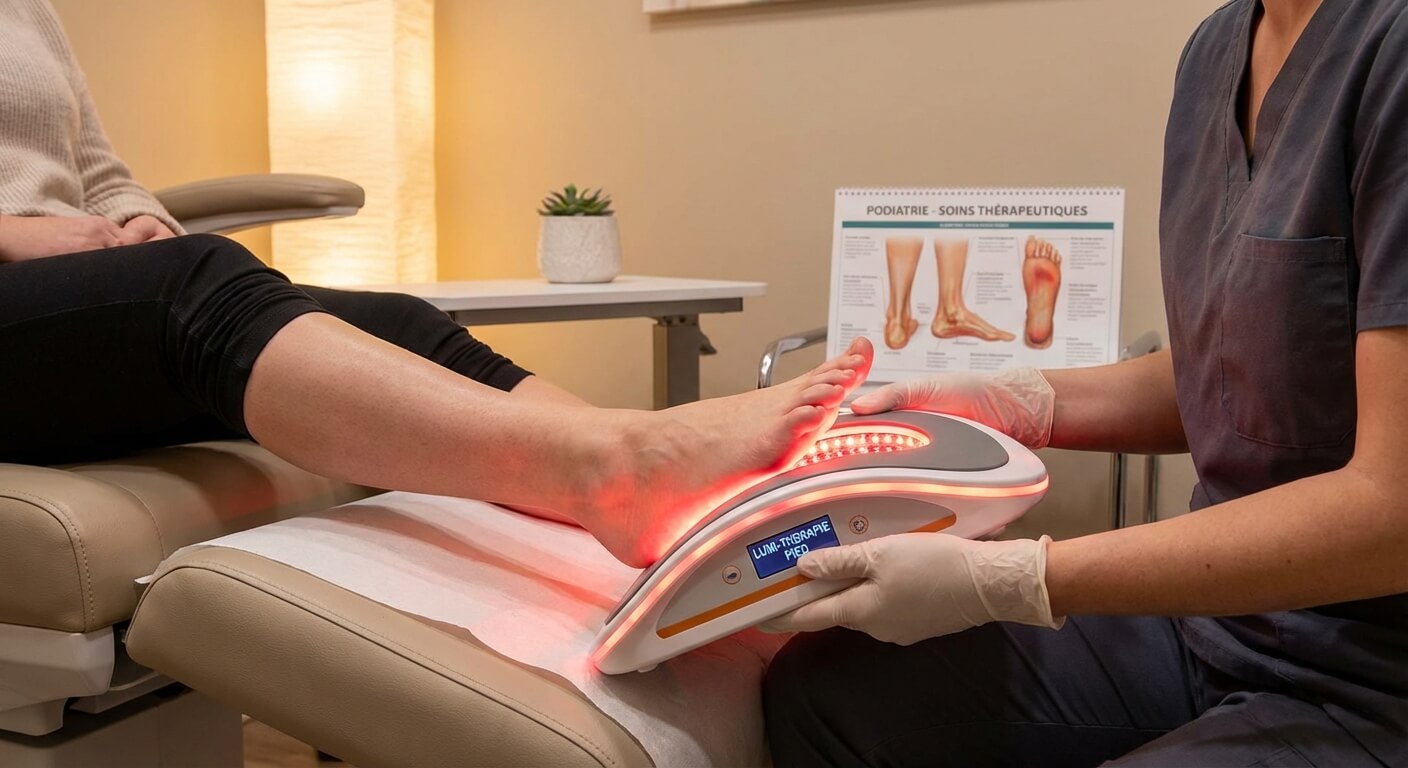 Appareil de luminothérapie utilisé pour traiter les douleurs et améliorer la santé du pied lors d'un soin thérapeutique
