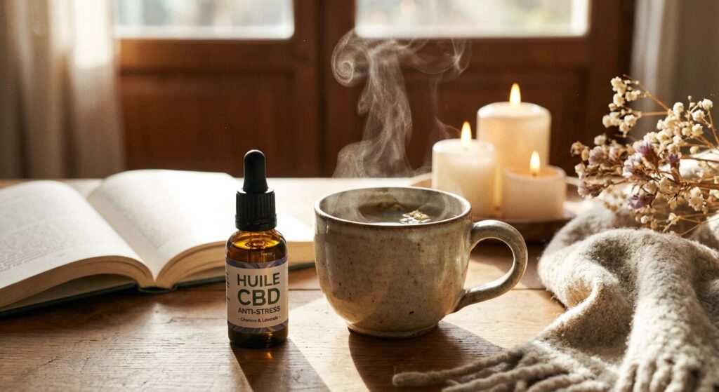 Une tasse de thé fumante à côté d'un flacon d'huile CBD pour une pause détente anti-stress.