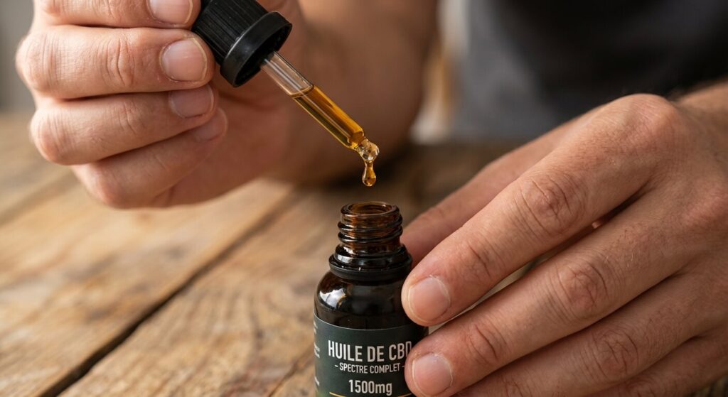 Gros plan sur une main utilisant un compte-gouttes d'huile CBD pour un dosage précis.
