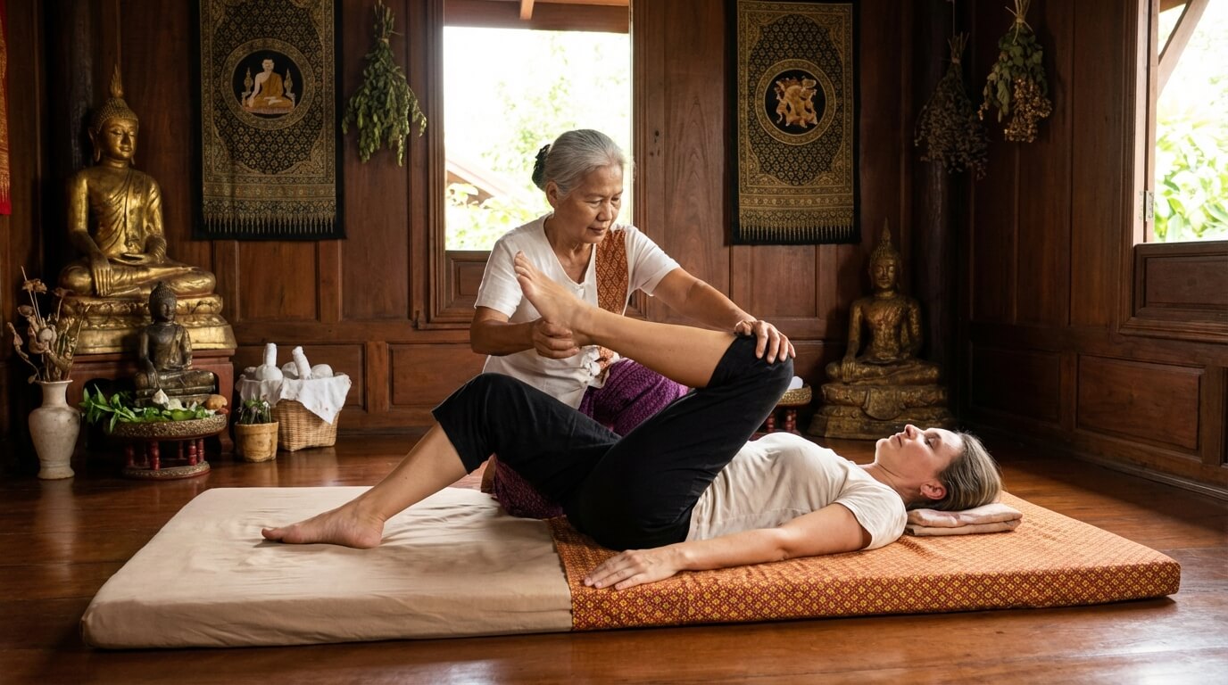 Praticienne effectuant un étirement de yoga passif lors d'une séance de massage thaï traditionnel.