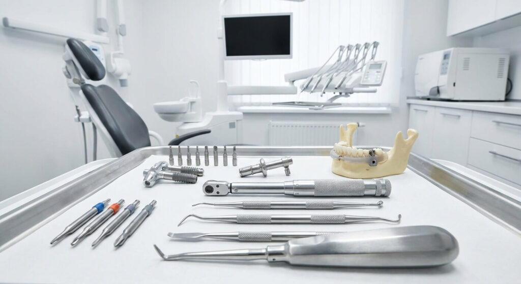 Instruments de précision pour la pose d’une prothèse sur implant en cabinet dentaire