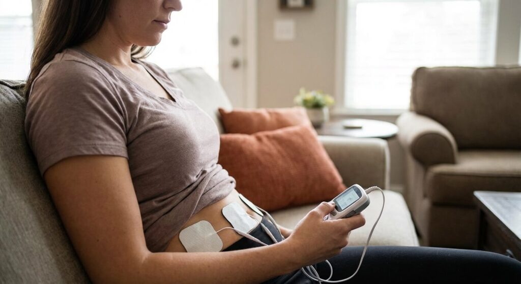 Femme utilisant un appareil d'électrostimulation sur l'abdomen pour soulager des spasmes
