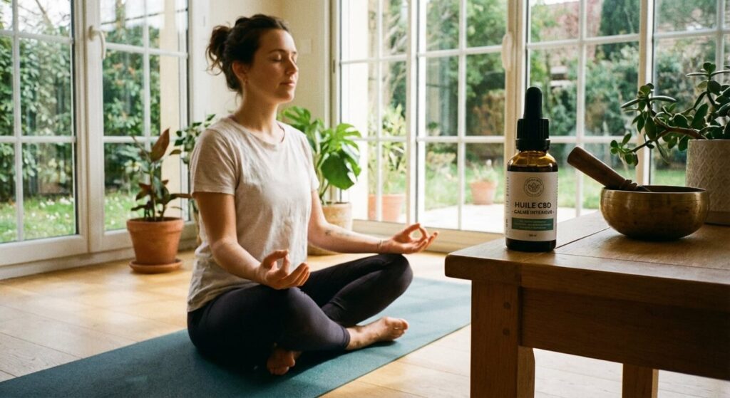 Une personne pratiquant la méditation assise en tailleur avec un flacon de CBD à proximité.