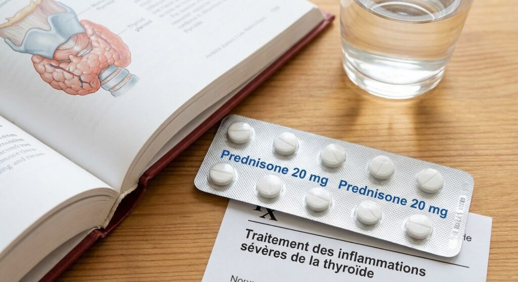 Plaquette de comprimés de corticoïdes (Prednisone) utilisés dans le traitement des inflammations sévères de la glande thyroïde