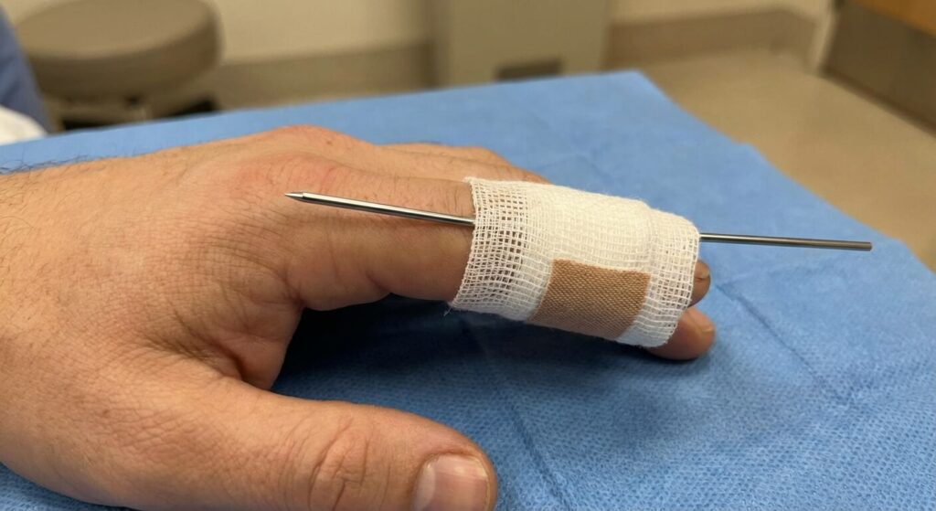 Broche qui ressort de la peau : Que faire en cas de matériel d'ostéosynthèse apparent ? 1 Fil de Kirschner en acier dépassant de la peau après une opération chirurgicale orthopédique d'un doigt