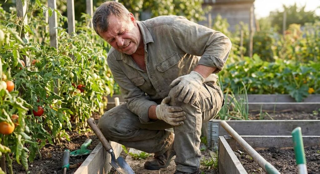 Homme d'âge mûr ressentant une vive douleur au niveau de la rotule en essayant de s'accroupir dans son jardin