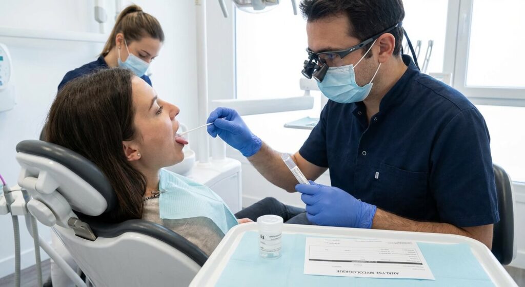 Médecin stomatologue réalisant un écouvillonnage sur la langue d'un patient pour une analyse mycologique en laboratoire