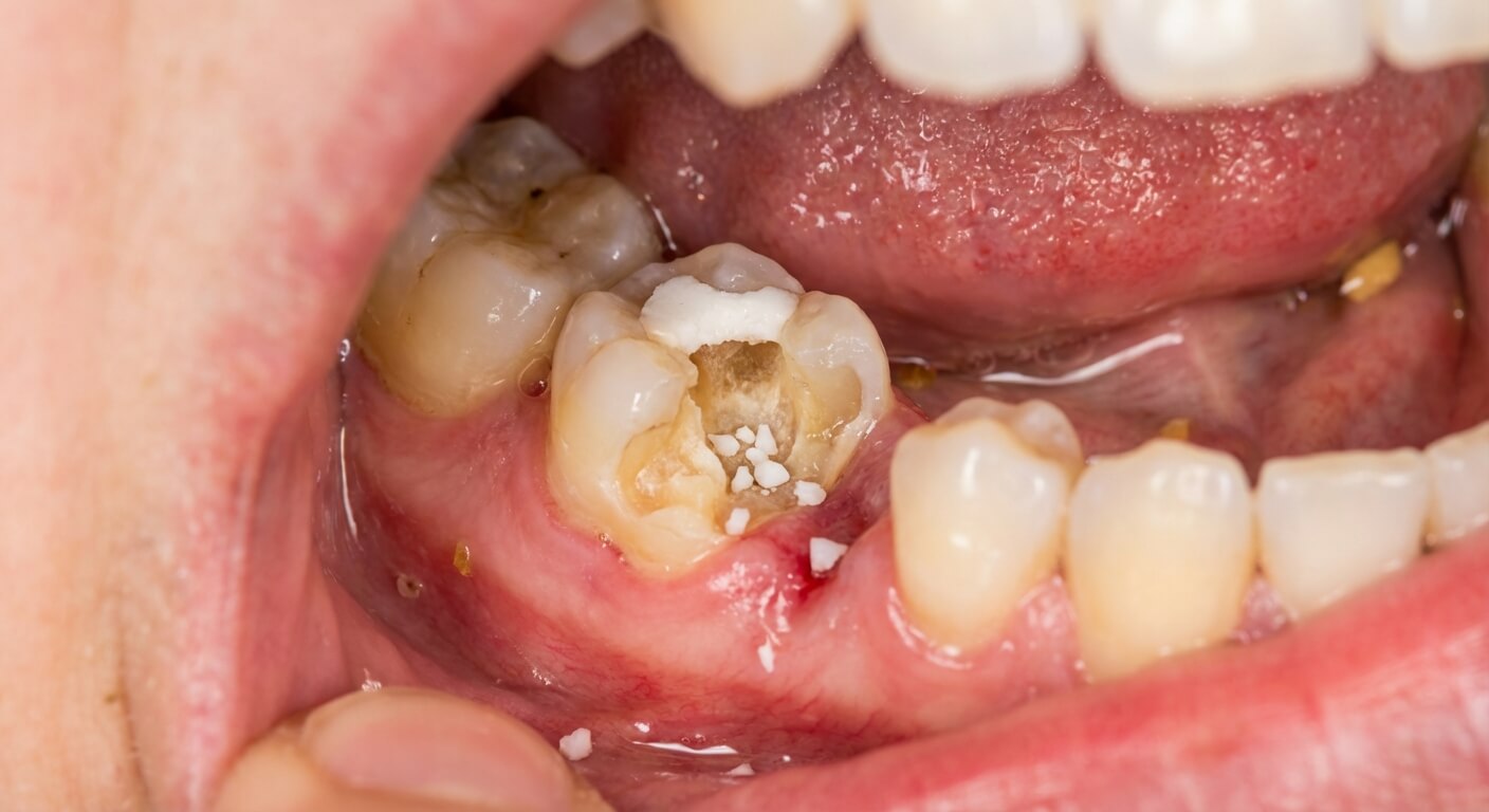 Dent molaire dont le pansement provisoire blanc s'est effrité et est tombé lors de la mastication