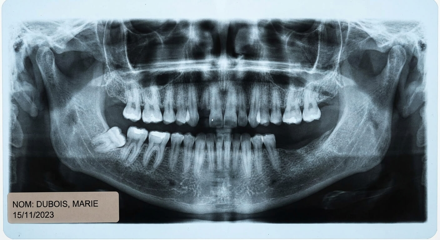 Radiographie panoramique montrant une troisième molaire (dent de sagesse incluse) dans la mâchoire d'une personne âgée