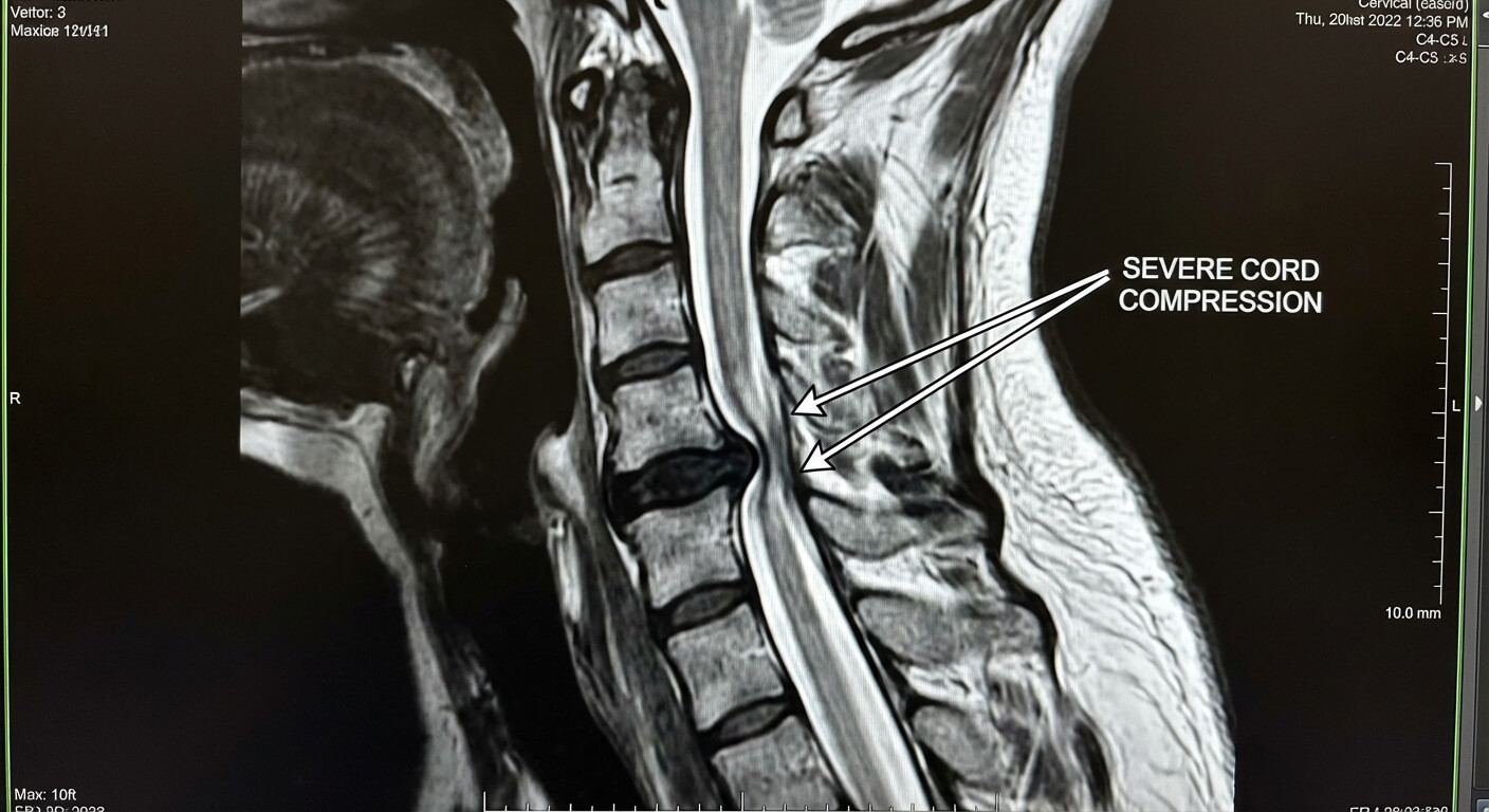 Coupe IRM de la colonne vertébrale montrant une compression sévère de la moelle épinière au niveau des cervicales