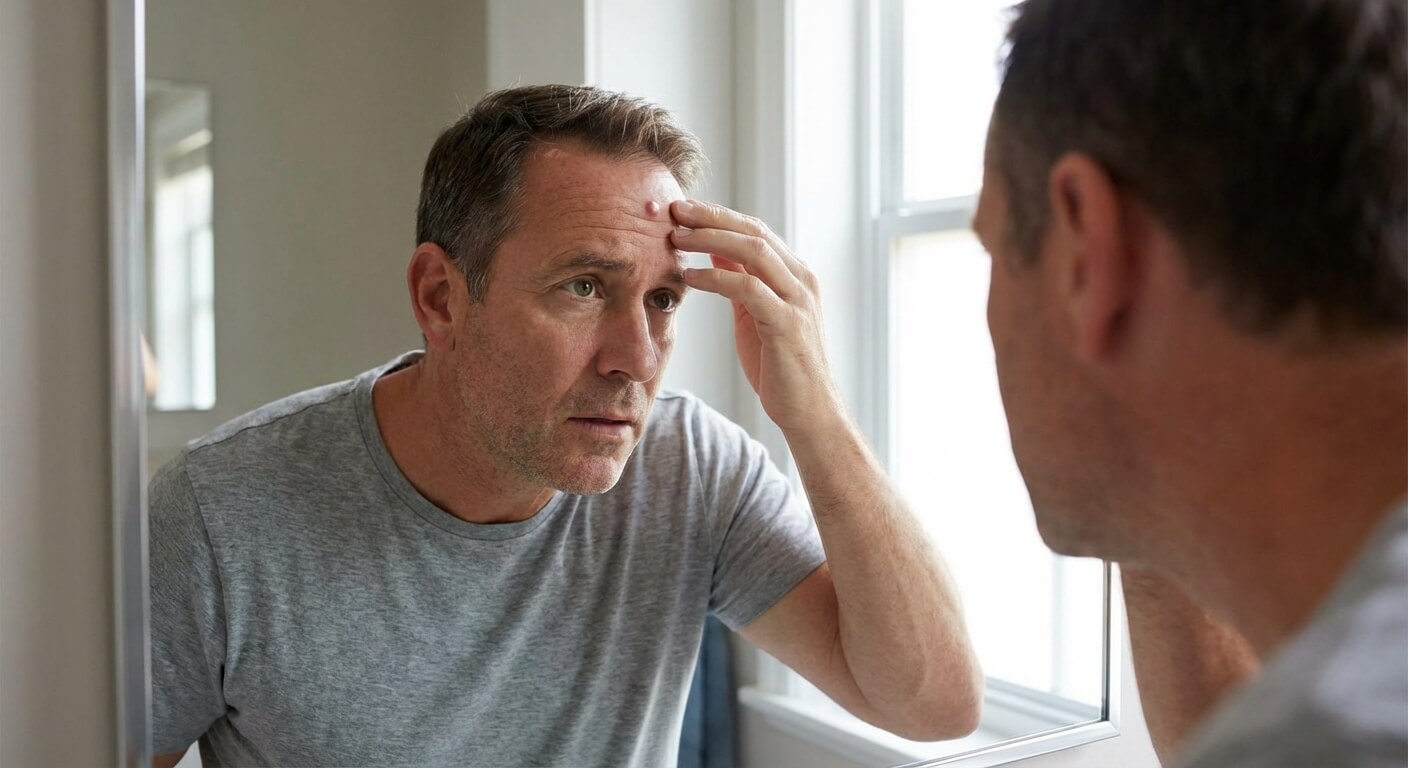 Homme examinant une bosse sous-cutanée persistante sur son front devant un miroir