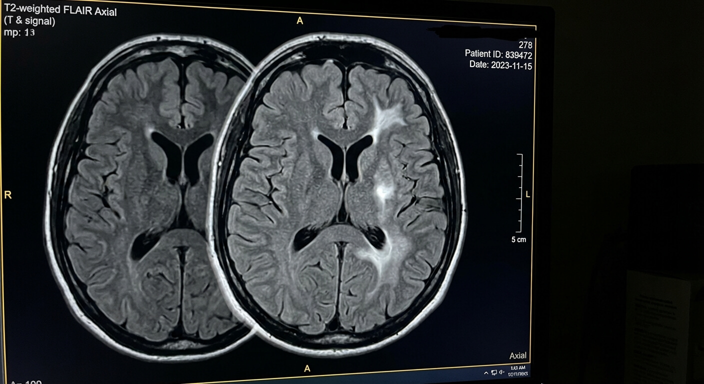Coupe transversale d'une IRM cérébrale révélant une tache blanche caractéristique d'un hypersignal T2