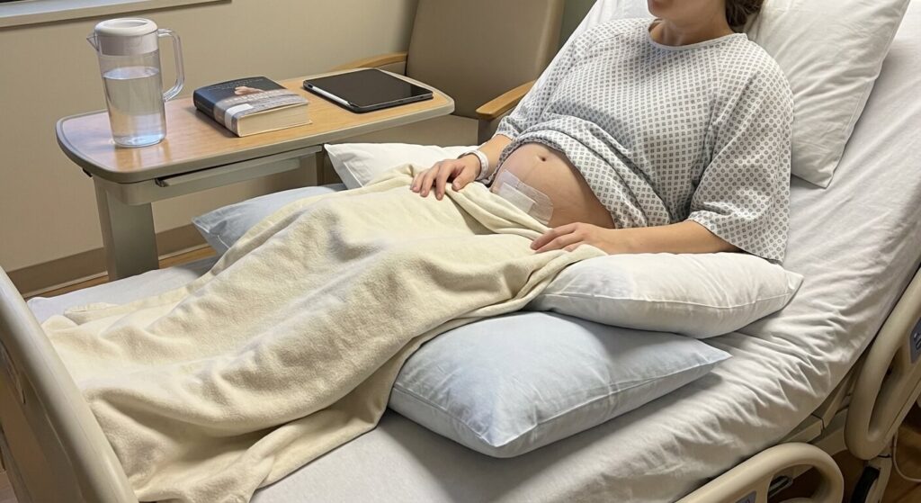 Grosseur après l'opération d'une hydrocèle : Évolution ou complication ? 2 Repos post-opératoire avec surélévation du bassin suite à une cure d'hydrocèle par voie scrotale