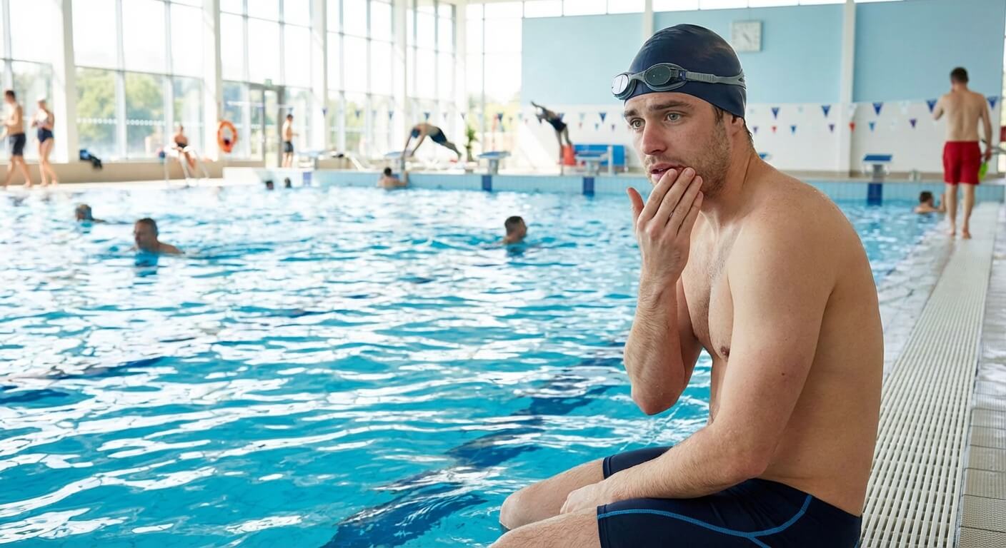 Nageur hésitant à entrer dans le grand bain d'une piscine publique à cause d'un bouton de fièvre