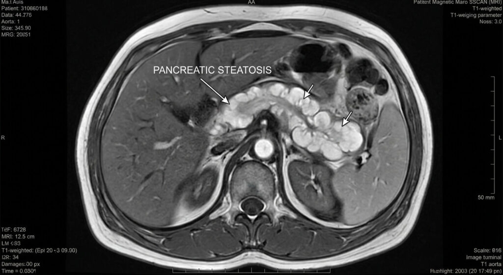 Coupe d'IRM abdominale montrant une accumulation de tissu adipeux caractéristique de la stéatose pancréatique
