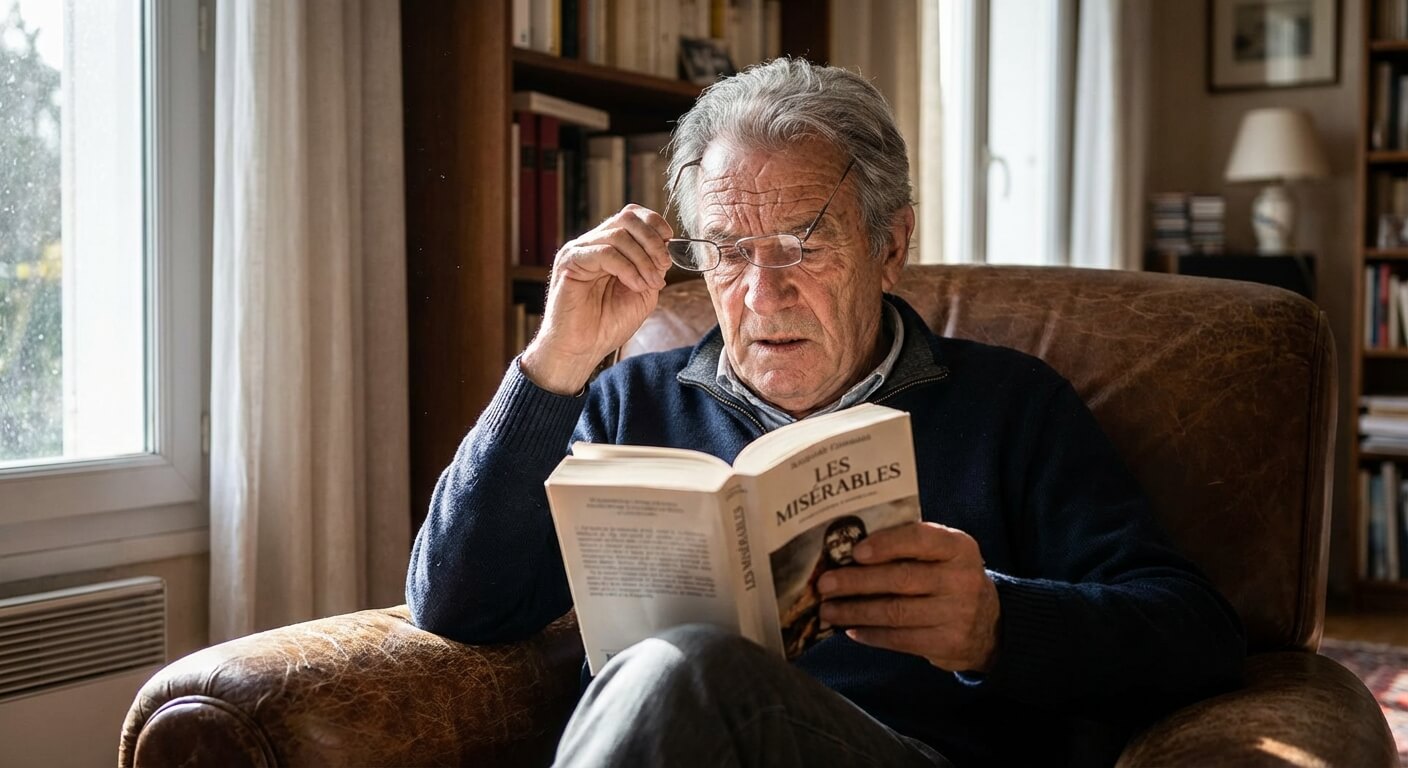 Homme retirant ses lunettes de vue pour lire un livre de près avec plus de confort