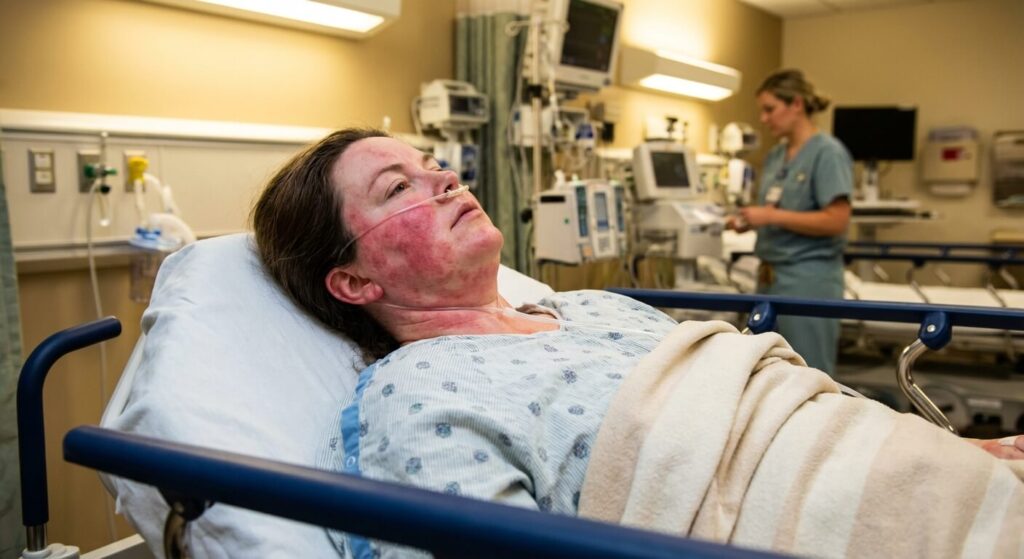 Rougeur du visage après une opération : Causes anesthésiques et cutanées 2 Patiente en salle de réveil présentant des rougeurs et des plaques vasomotrices sur les joues après une anesthésie générale