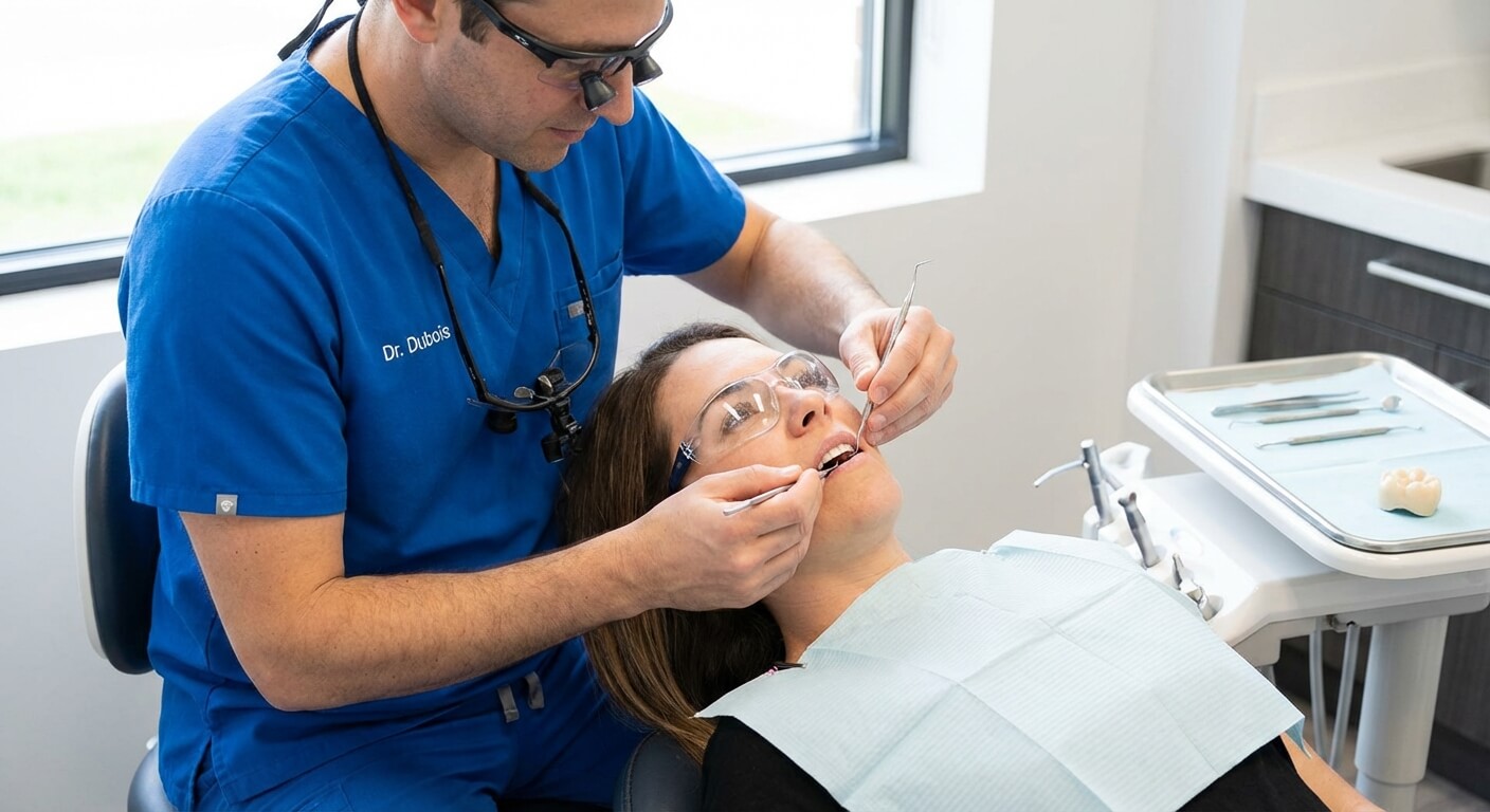 Dentiste examinant avec une précelle la mobilité d'une prémolaire avant d'envisager la pose d'une couronne en céramique