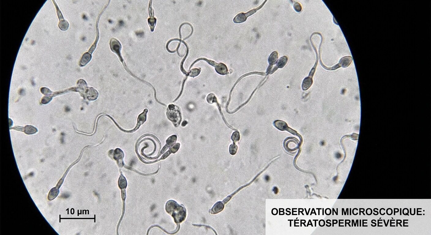 Observation au microscope de spermatozoïdes présentant des anomalies morphologiques sévères caractéristiques d'une tératospermie