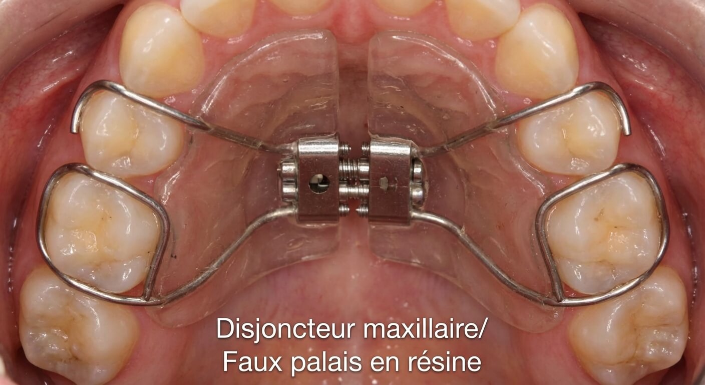 Disjoncteur maxillaire ou faux palais en résine placé sur la voûte palatine d'un patient