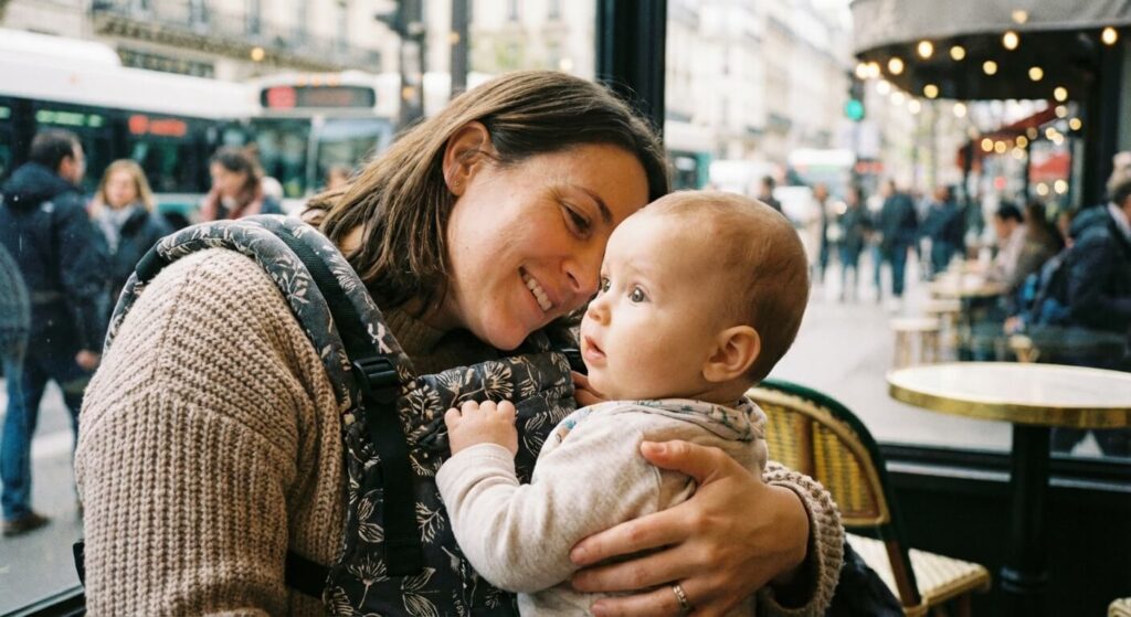 Maman essayant d'établir un contact visuel avec son bébé qui tourne la tête pour observer son environnement