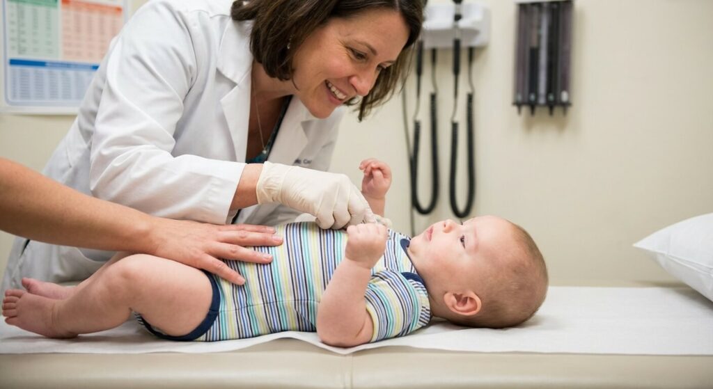 Examen pédiatrique doux d'un léger gonflement sous le mamelon d'un nourrisson de quelques mois