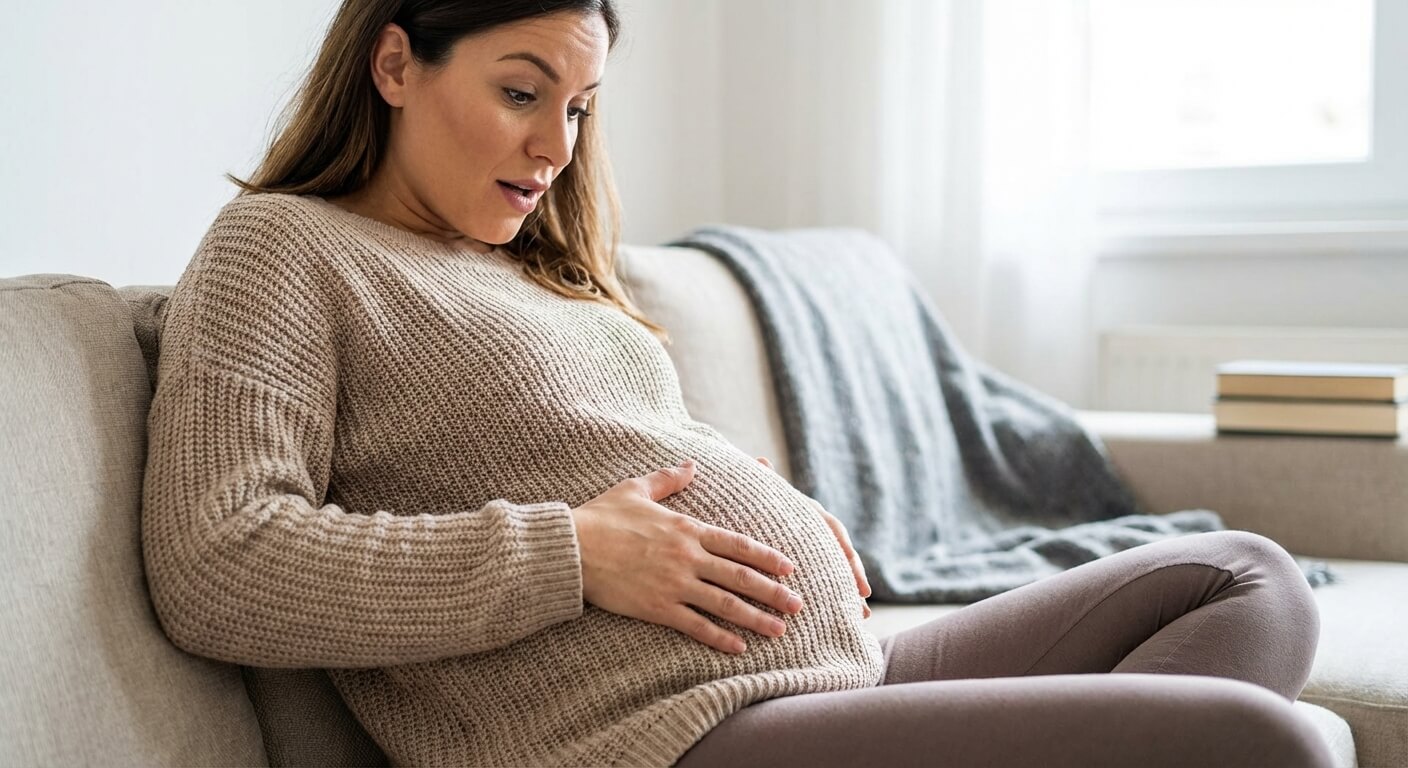 Femme enceinte de 5 mois posant la main sur le bas de son ventre suite à de forts coups fœtaux ressentis dans le pelvis