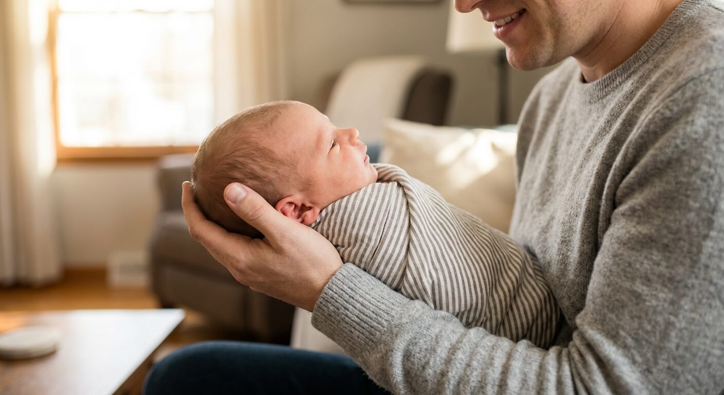 Parent soutenant correctement la nuque et la tête fragile d'un nouveau-né dans le creux de ses bras