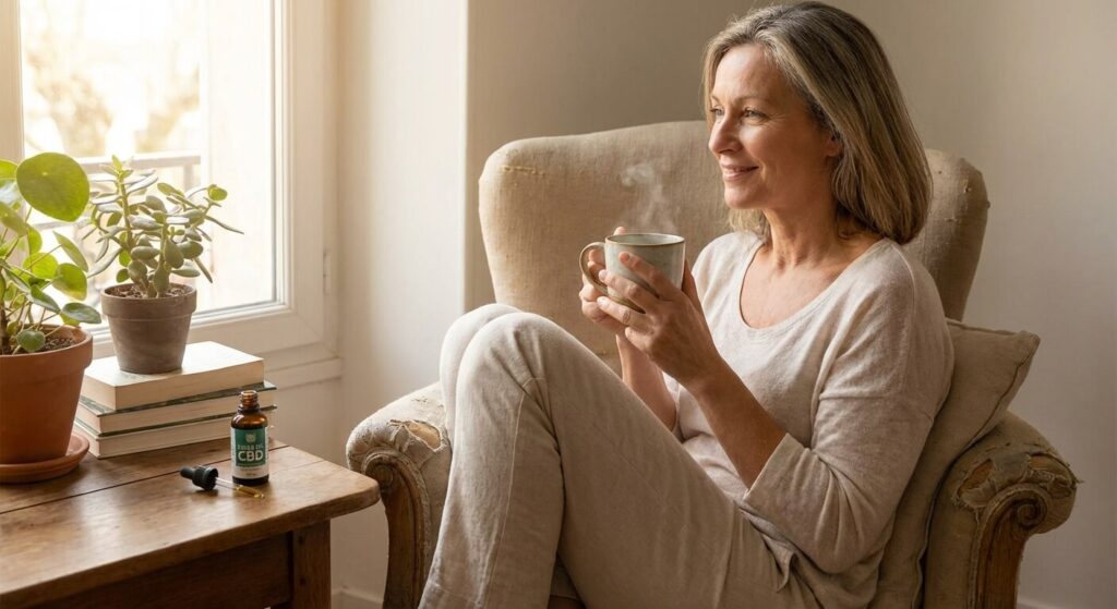 Une personne sereine buvant une infusion, évoquant les bienfaits du CBD sur le bien-être général.