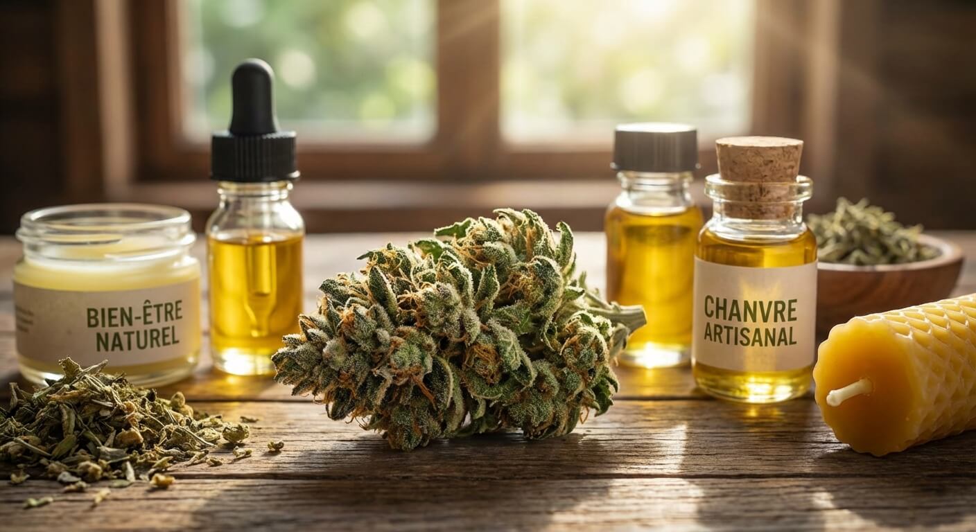 Gros plan sur une fleur de chanvre et des produits de bien-être naturels.