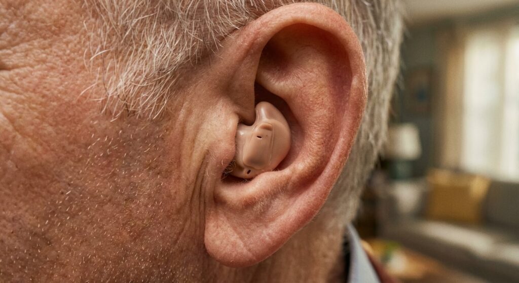 Gros plan sur un appareil auditif discret inséré dans l'oreille, illustrant une solution adaptée à l'anatomie.