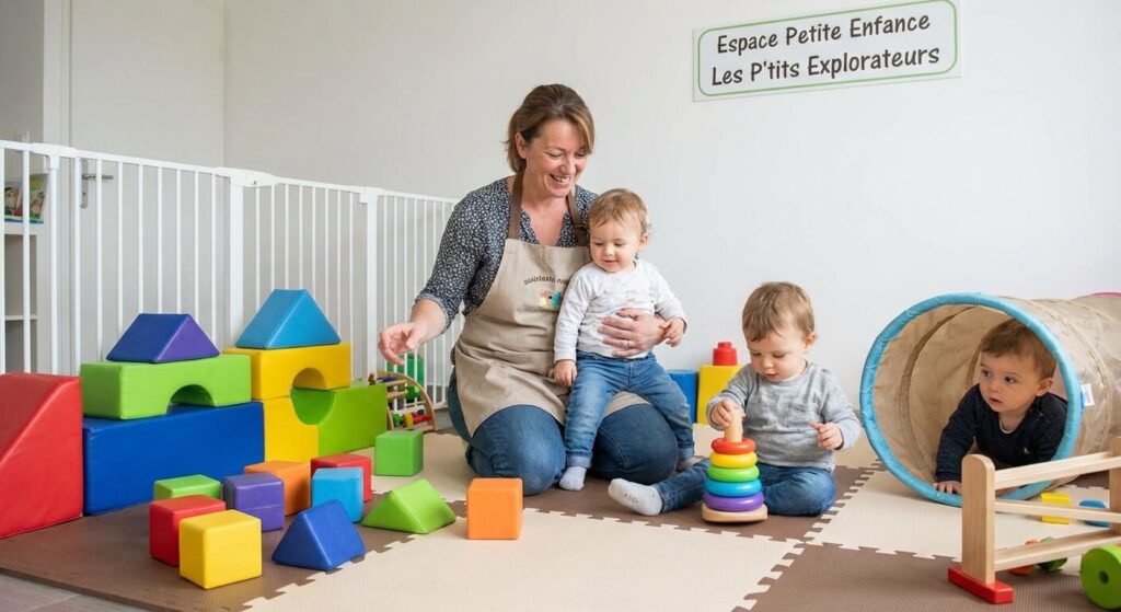 Une assistante maternelle souriante s'occupant d'enfants dans un espace de jeu sécurisé, illustrant la protection sociale du métier.