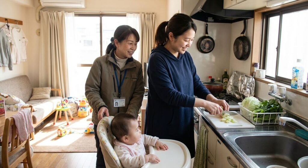 Technicienne de l'intervention sociale et familiale aidant une jeune mère dans son quotidien