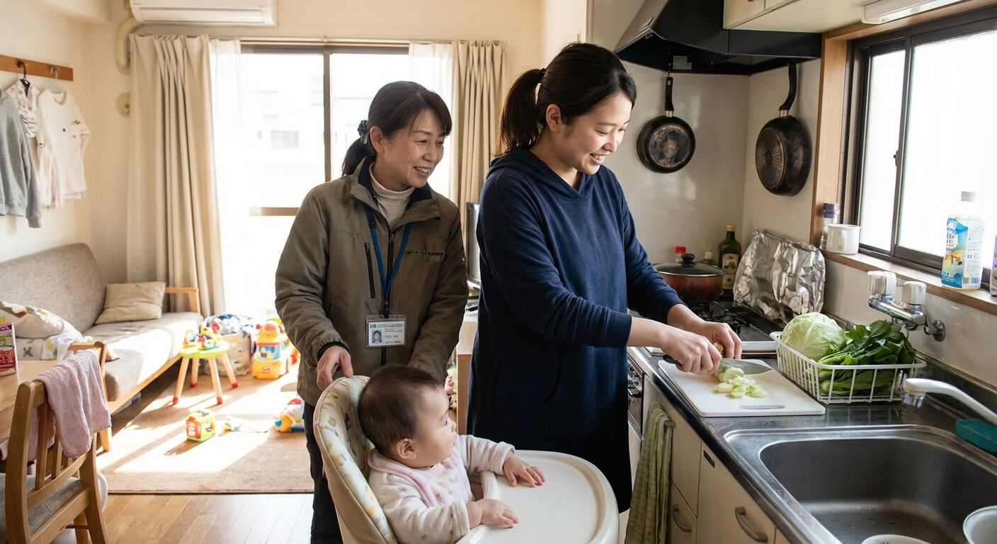 Technicienne de l'intervention sociale et familiale aidant une jeune mère dans son quotidien