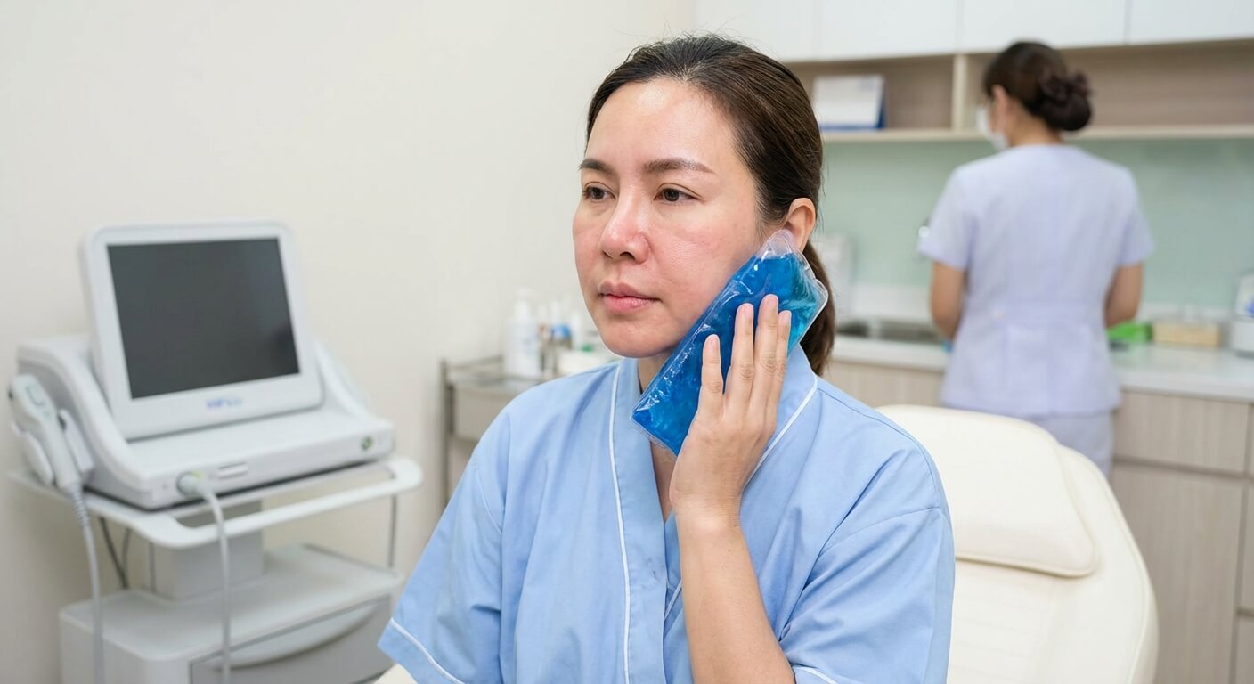 Patiente appliquant une poche de froid sur sa mâchoire pour réduire l'œdème après une séance de HIFU