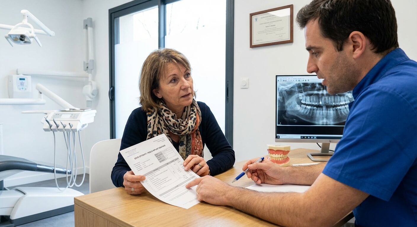 Patient consultant un devis pour la pose d'un implant dentaire dans un cabinet médical