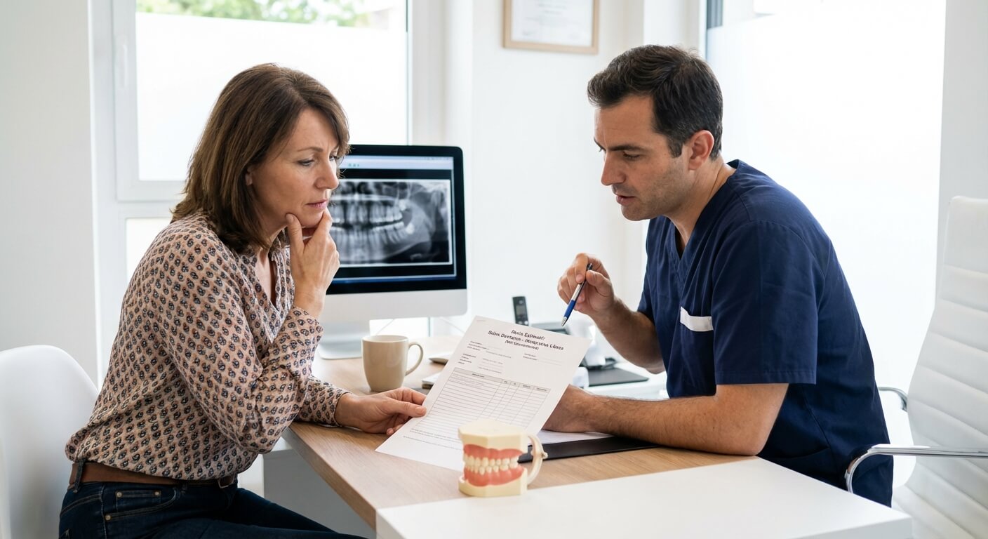 Patient discutant d'un devis dentaire avec un chirurgien-dentiste exerçant hors convention