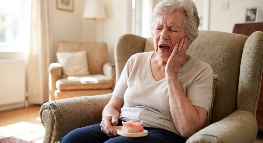 Personne âgée ressentant une gêne et une douleur lors du port de sa nouvelle prothèse dentaire amovible