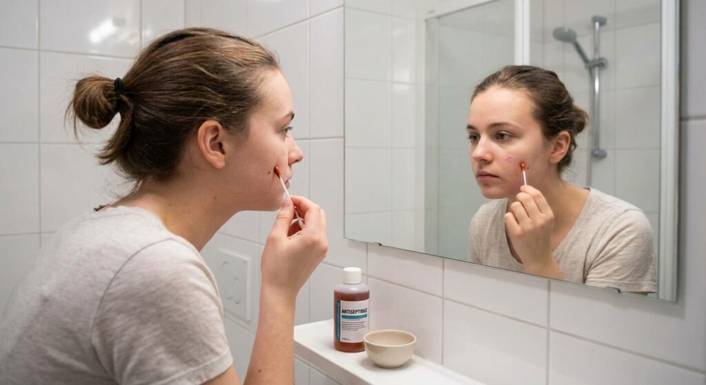 Jeune femme appliquant un coton-tige imbibé d'antiseptique sur une imperfection de son visage