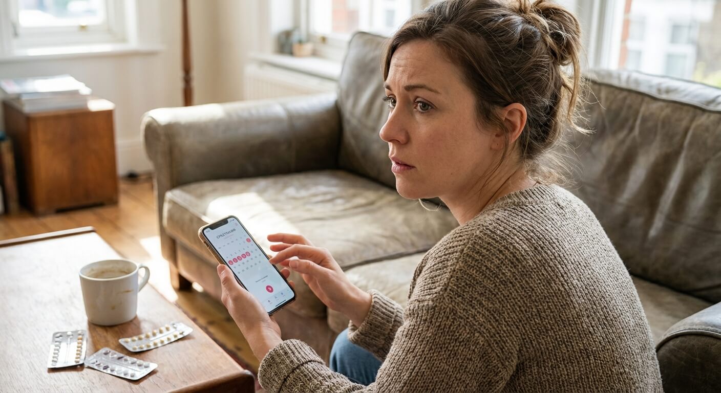 Femme pensive consultant une application de calendrier menstruel après avoir stoppé sa contraception orale