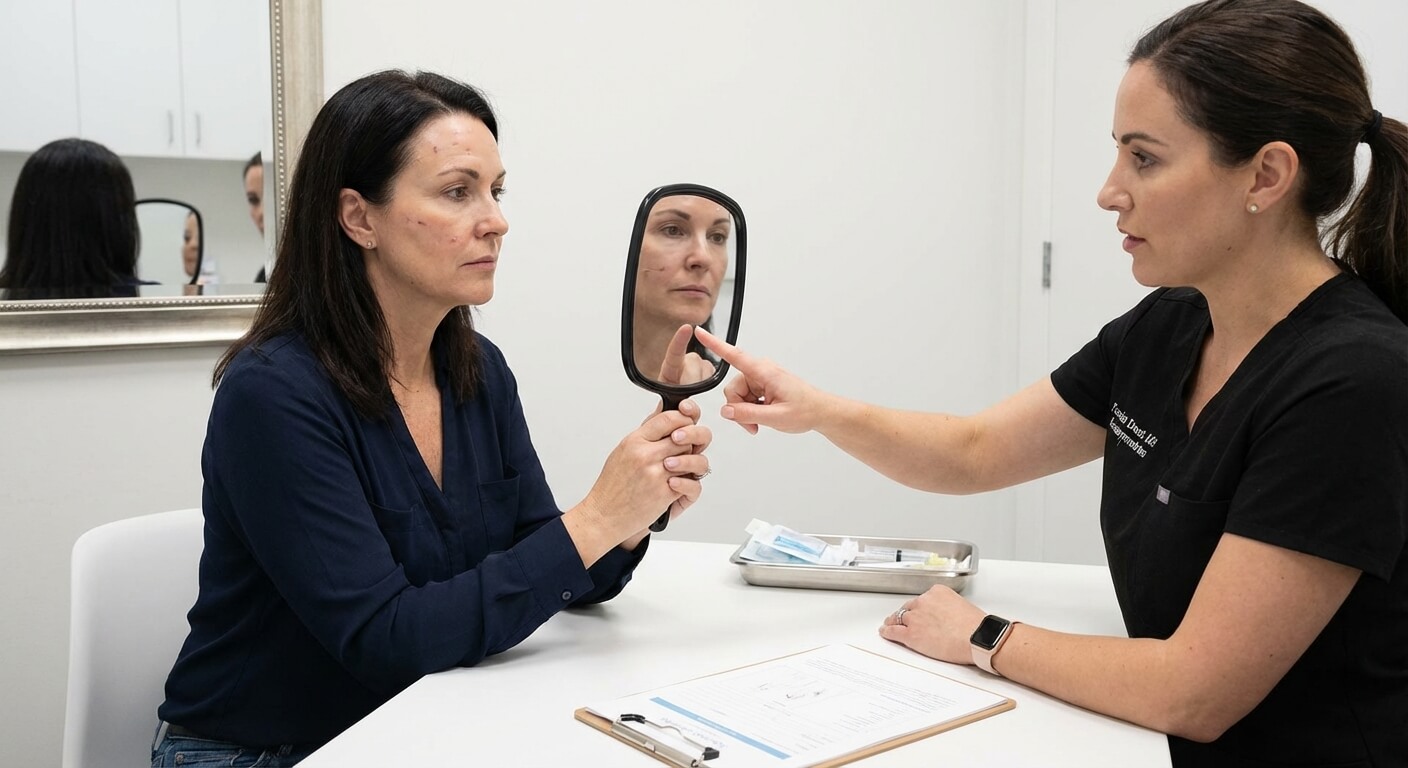 Patiente en pleine consultation devant un miroir pour analyser les asymétries de son visage après des injections