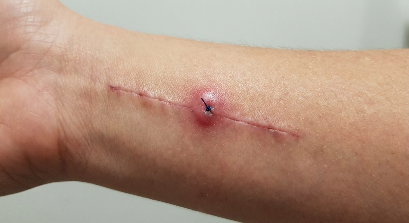 Cicatrice chirurgicale présentant une petite rougeur due à un fil de suture non résorbé