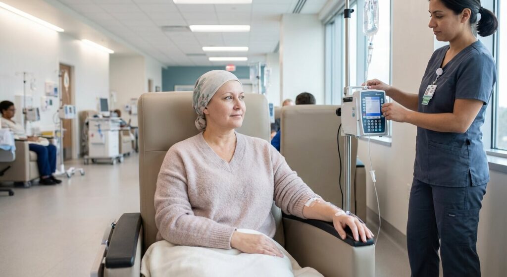 Au bout de combien de temps la chimio fait-elle effet sur la tumeur ? 2 Patient recevant son traitement de chimiothérapie par perfusion intraveineuse dans un service d'oncologie