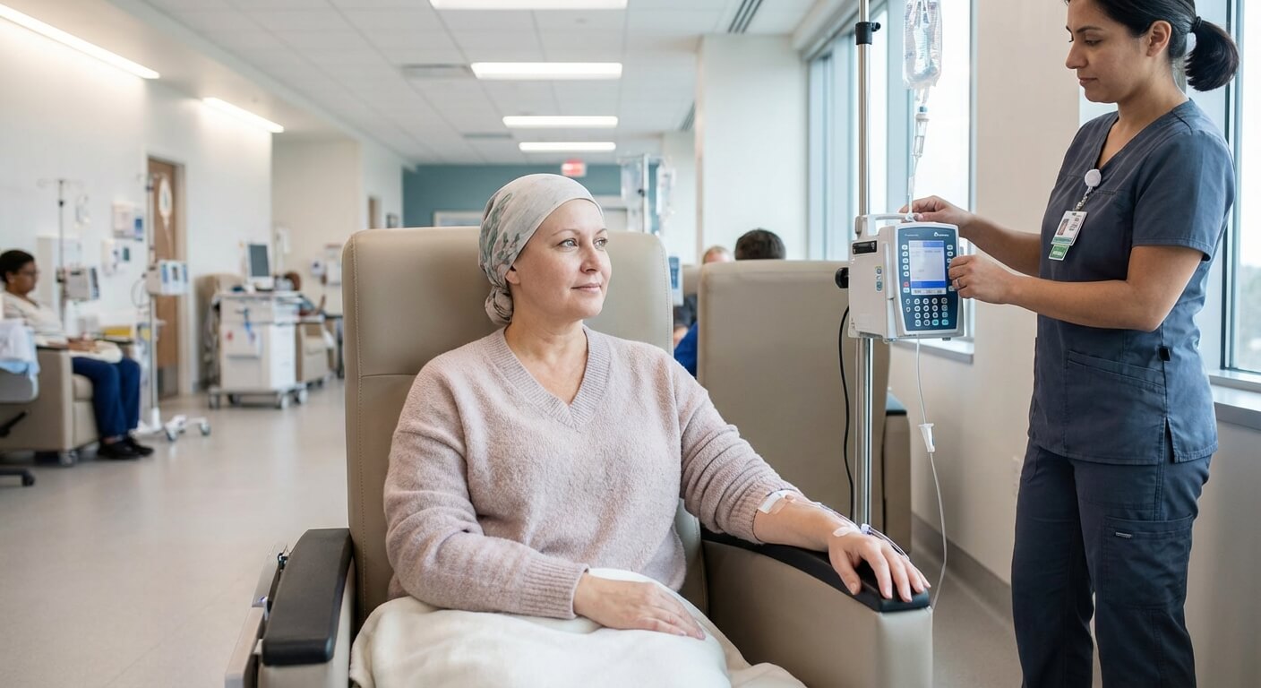 Patient recevant son traitement de chimiothérapie par perfusion intraveineuse dans un service d'oncologie